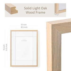May include: A solid light oak wood frame with a natural grain finish. The frame measures 12 inches by 16 inches, with an inner mat opening of 8.5 inches by 11.5 inches. The frame profile is 0.78 inches deep and 0.55 inches wide, as shown in the diagrams.
