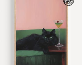 Black Cat Martini Art Print: Quirky Cocktail Bar Decor