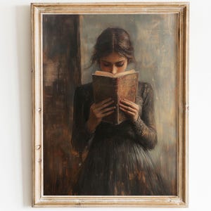 Stampa artistica da parete con donna vittoriana che legge libri, regalo per gli amanti dei libri, stampa artistica da biblioteca, decorazione Dark Academia