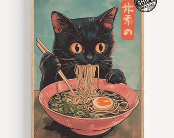 Plakat Vintage Black Cat Ramen: Japońska sztuka kuchenna