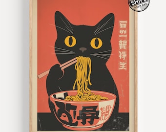 Black Cat Eating Ramen Noodles Art Print: Japanese Kitchen Decor