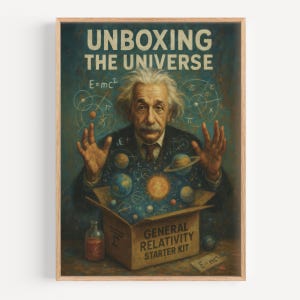 May include: A framed poster featuring Albert Einstein with the text "UNBOXING THE UNIVERSE" and "E=mc²". The image shows Einstein opening a box labeled "GENERAL RELATIVITY STARTER KIT" filled with planets and celestial bodies. A vintage-style illustration.