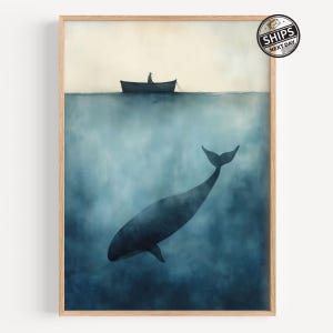 Humpback Whale Art Print, Whale and Ship, Vintage Ship Poster, Giant Whale Art Ocean Wall Art, Vintage Poster