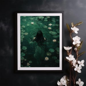 Ophelia Dark Academia Print, Goth Moody Victorian Wall Art, Dark Decor Aesthetic, Dark Cottage core, Gothic Prints into lake image 5