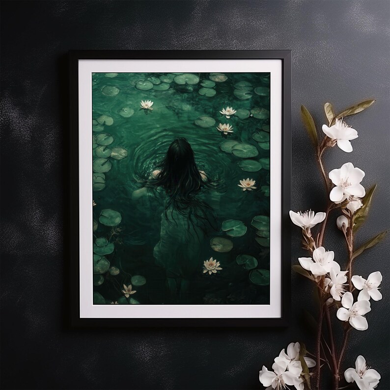 Ophelia Dark Academia Print, Goth Moody Victorian Wall Art, Dark Decor Aesthetic, Dark Cottage core, Gothic Prints into lake image 5