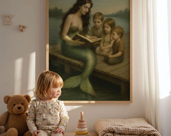 Mermaid Reading to Children Art Print: Fantasy Nursery Wall Decor