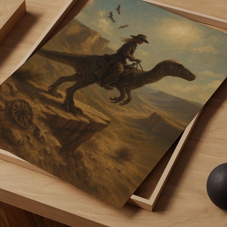 Cowgirl Riding Dinosaur Print: Western Canyon Art, Rustic Movie Poster ...