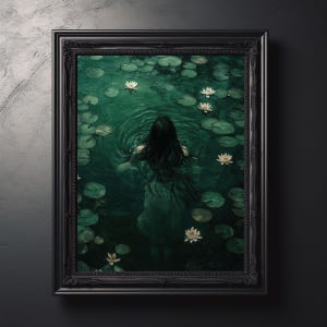 May include: A framed painting of a woman with long dark hair submerged in a pond with white water lilies. The pond is a dark green color and the water lilies are white.
