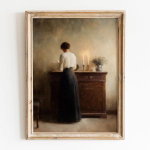 Vintage Portrait Young Woman Reading, Interior Scene, Print of Antique Oil Painting French Country Art, Pastoral Decor, PRINTED AND SHIPPED
