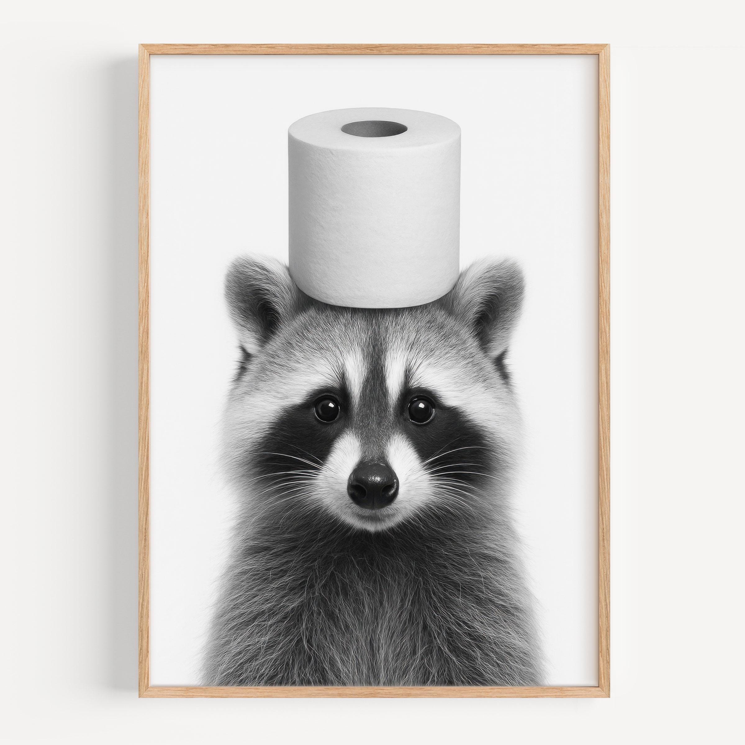Funny Raccoon Toilet Paper Hat Print: Black and White Bathroom Wall Art ...