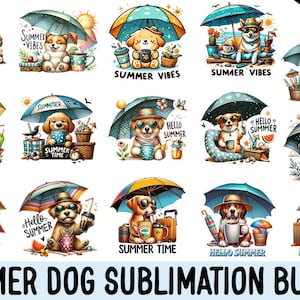 Könnte beinhalten: Ein Set mit 20 Sublimationsdesigns mit niedlichen Cartoon-Hunden, die sommerliche Aktivitäten unter bunten Sonnenschirmen genießen. Die Designs beinhalten Sätze wie "Summer Time", "Summer Vibes" und "Hello Summer".