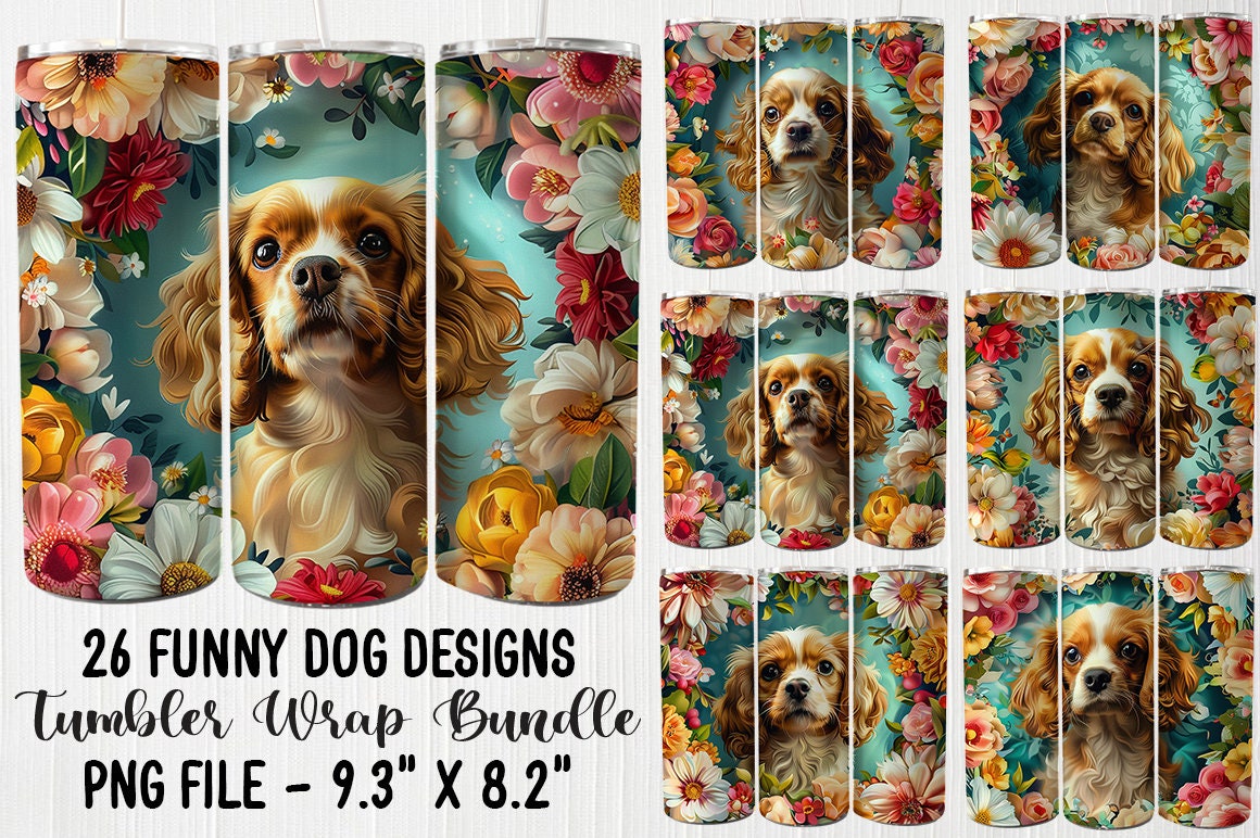 Watercolor Floral Dog Tumbler Wrap Bundle Tumbler Png Dog Sublimation Designs 20oz Skinny Tumbler Straight Png Tumbler Templates Dog Png