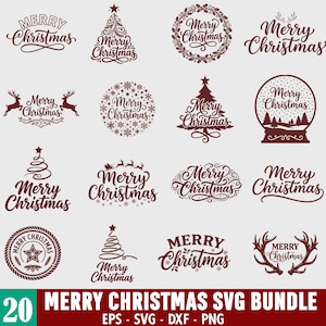 May include: A collection of 20 dark maroon Merry Christmas graphic designs featuring various holiday motifs including Christmas trees, reindeer, snowflakes, wreaths, snow globes, and antlers, all displayed on a light gray background.