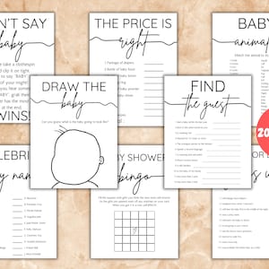 Minimalistic Baby Shower Game Bundle, baby shower games, Printable games, Baby Shower Bingo, Guess Who bes, draw the baby, etc.