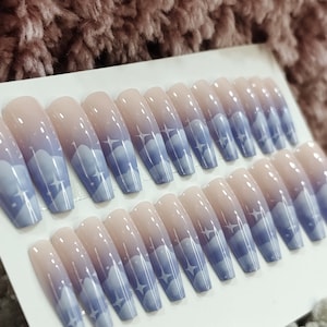 24 pcs Coffin shaped " Blue sky Dreams" press on nails with Cloudy Ombre Design in Tranquil Blues and Beiges Glue on Nails #024