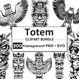 300 Totem Clipart | PNG + SVG przezroczyste tło | Wykorzystanie komercyjne | czarne pliki wektorowe | Sztuka tatuażu Indian amerykańskich Azteków Majów