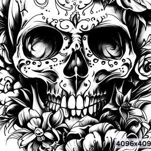 May include: Black and white illustration of a sugar skull with intricate floral designs. The skull is surrounded by flowers and leaves, creating a beautiful and intricate design.