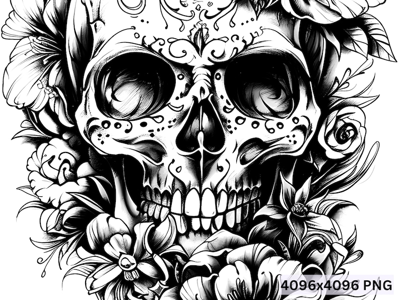 May include: Black and white illustration of a sugar skull with intricate floral designs. The skull is surrounded by flowers and leaves, creating a beautiful and intricate design.