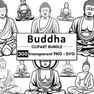 300 Clipart doodle di Buddha / PNG + sfondo trasparente SVG / Uso commerciale / Modello di tatuaggio di Buddha