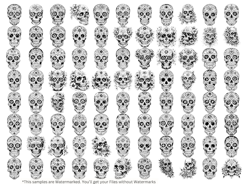 May include: A collection of 64 black and white sugar skull illustrations. Each skull is decorated with intricate floral patterns.