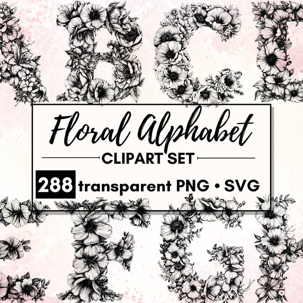 Floral Alphabet Cliparts | 288 Transparente Botanische Typographie | PNG + SVG | Kommerzielle Nutzung | Lettering, Hochzeit, Scrapbook, schwarze Grafik