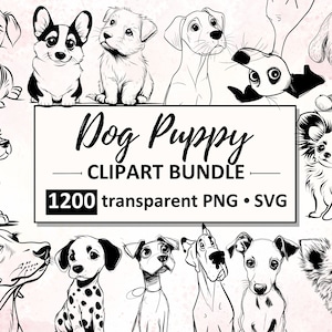 1200 Puppy Dog Clipart | 90+ Breeds in PNG + SVG, Doodle Style, one line Decor, sketch on Transparent Background | commercial licence