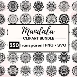 250 Mandala Clipart / Nero con sfondo trasparente / Pacchetto PNG + SVG / Uso commerciale, File tagliati, Modello tatuaggio, geometrico spirituale