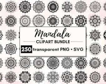 250 Mandala Clipart: Black Tattoo Template, SVG PNG Bundle
