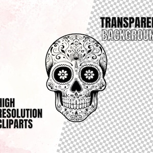 May include: Black and white illustration of a sugar skull with intricate floral designs. The skull has large, round eyes with white flower accents.