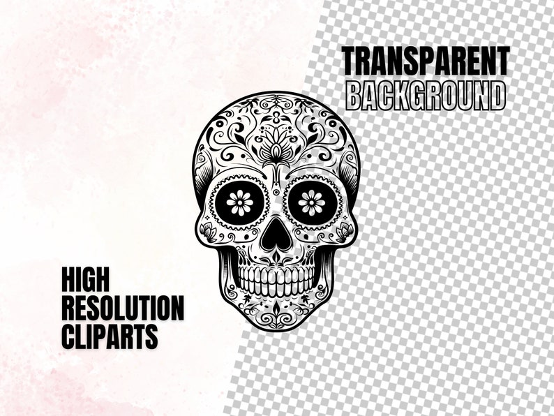May include: Black and white illustration of a sugar skull with intricate floral designs. The skull has large, round eyes with white flower accents.