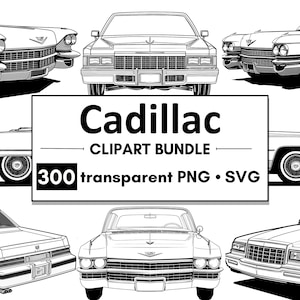 300 Cadillac-Autos Clipart | PNG + SVG transparenter Hintergrund | Kommerzielle Nutzung | Schwarz-Weiß-Vektordateien | nostalgische Oldtimer