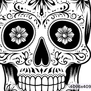 May include: Black and white illustration of a sugar skull with intricate floral designs. The skull has large, round eyes with flower designs inside.