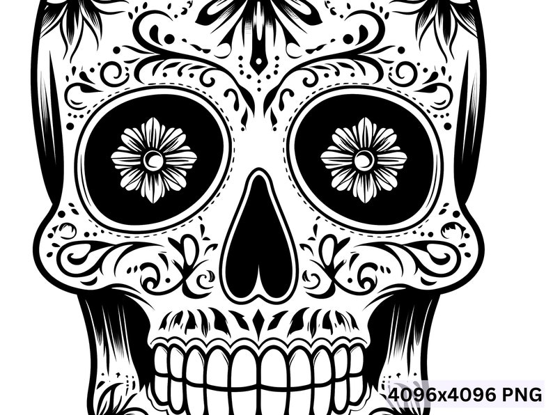 May include: Black and white illustration of a sugar skull with intricate floral designs. The skull has large, round eyes with flower designs inside.
