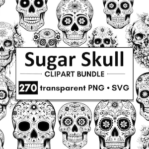 270 Zuckerschädel Clipart | PNG + SVG transparenter Hintergrund | Kommerzielle Nutzung | schwarze Vektor-Dateien | Mexikanischer Zuckerschädel vektor