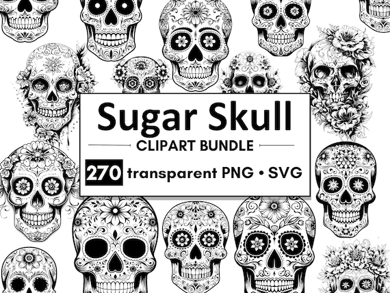 270 Sugar Skull Clipart: Black Vector PNG SVG (Commercial Use)