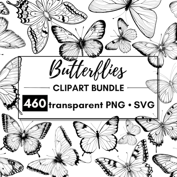 460 Butterflies doodle Clipart | PNG + SVG transparent background | Commercial use | cute Butterfly clipart bundle