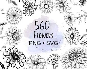 560 Flower Clipart Silhouettes | PNG + SVG | Botanical Floral Doodle Bundle