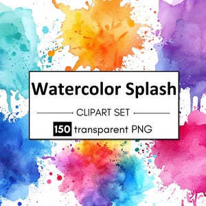 May include: A set of 150 watercolour splash clipart images in PNG format. The images feature various colours, including blue, yellow, pink, purple, and red. The images are transparent, making them ideal for use in digital design projects.