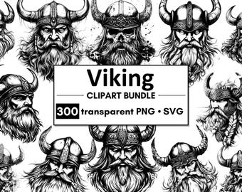300 Viking Warrior Head Cliparts: Scandinavian SVG PNG Bundle (4k)