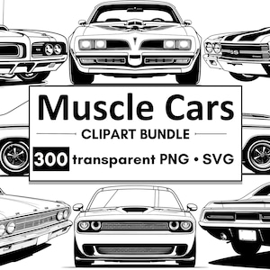 Lot de 300 cliparts PNG SVG Muscle Car - téléchargement numérique de voiture Hot Rod vintage classique, graphiques de voiture de course pour projets de bricolage