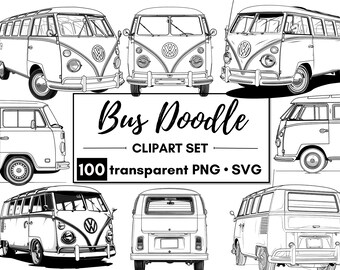 100 Bus Doodle Clipart | PNG + SVG | Kultiger Retro-Van, klassischer Reisemobil, Retro-Hippie-Wohnmobil | Kommerzielle Nutzung