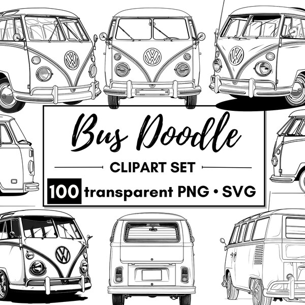 100 Bus Doodle Clipart | PNG + SVG | Kultiger Retro-Van, klassischer Reisemobil, Retro-Hippie-Wohnmobil | Kommerzielle Nutzung
