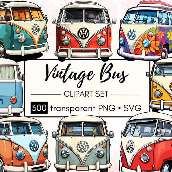 300 Iconic Retro Hippie Bus Clipart Bundle | PNG + SVG | Colorful Retro Van, classic travel cmaper, campervan art | Commercial use