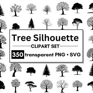 350 Clipart di sagome di alberi / Timbri botanici / Pacchetto PNG + SVG / Uso commerciale / Paesaggio forestale, File di taglio, Modello di tatuaggio, File di taglio