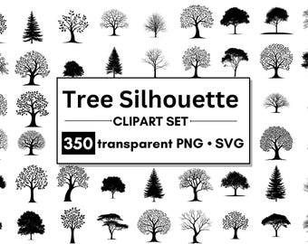350 Tree Silhouette Clipart | Botanical Stamps | PNG + SVG Bundle | Commercial use | Forest landscape, Cut files, Tattoo template, cut files