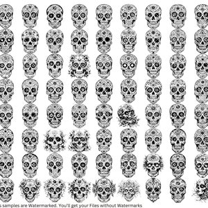 May include: A sheet of 60 black and white sugar skull clip art images. The skulls are decorated with intricate floral patterns.