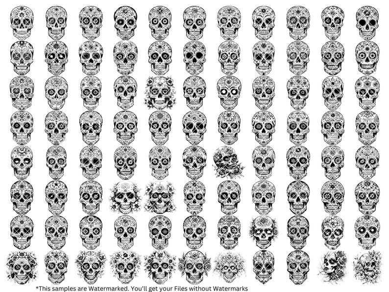 May include: A sheet of 60 black and white sugar skull clip art images. The skulls are decorated with intricate floral patterns.