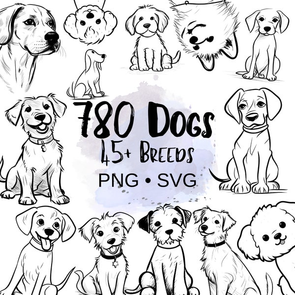 780 cute Dog Clipart | 45+ Breeds in PNG + SVG, Doodle Style Clipart, Dog Decor, sketch on Transparent Background