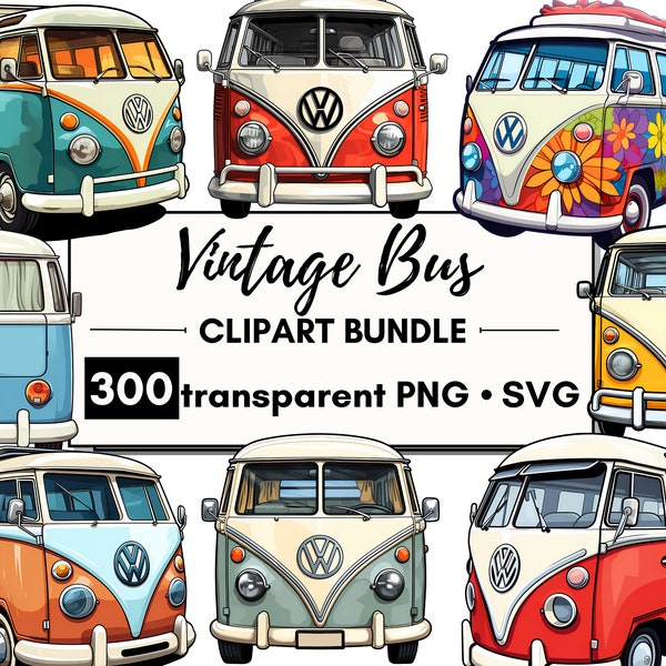 300 iconische retro hippie bus clipart bundel | PNG + SVG | Kleurrijke Retro Van, klassieke reismaper, camperkunst | Commercieel gebruik