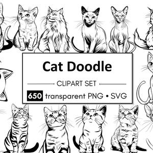 650 gatti carini / PNG + SVG 300 dpi, Clipart stile Doodle, decorazione per gatti, schizzo su sfondo trasparente / licenza commerciale